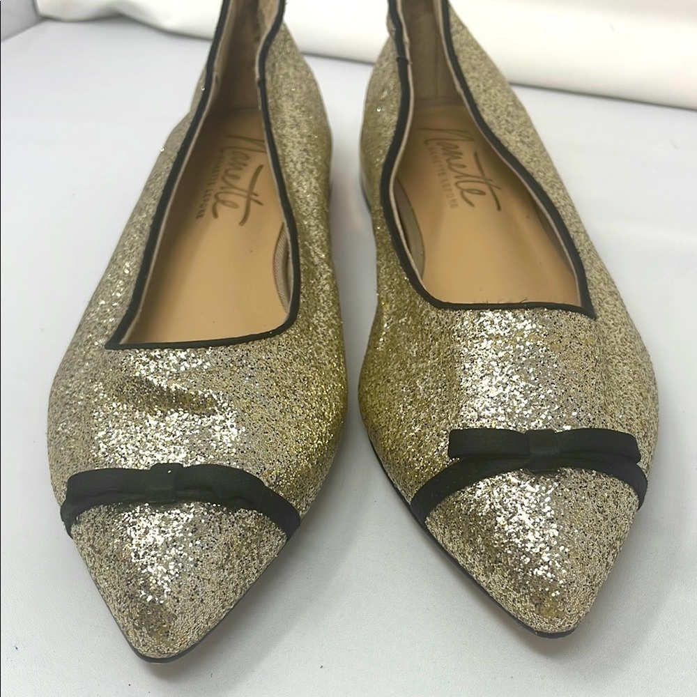 Nanette Lepore Gold Glittery Bow Accent Pointy Toe Flats Size 7.5